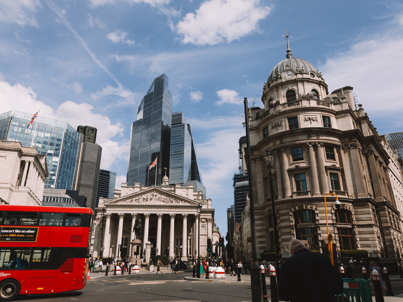 Bank junction and the Royal Exchange in the City of London