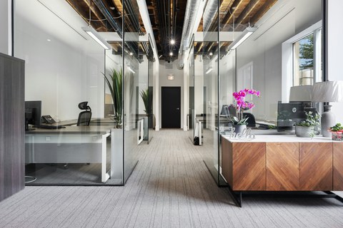 Office suite with glass-partitioned rooms